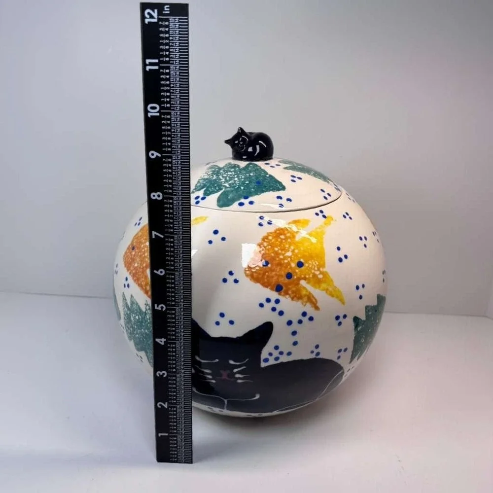 Kitty Dreams signed Sari cats fish bowl‎ cookie jar textured hand painted